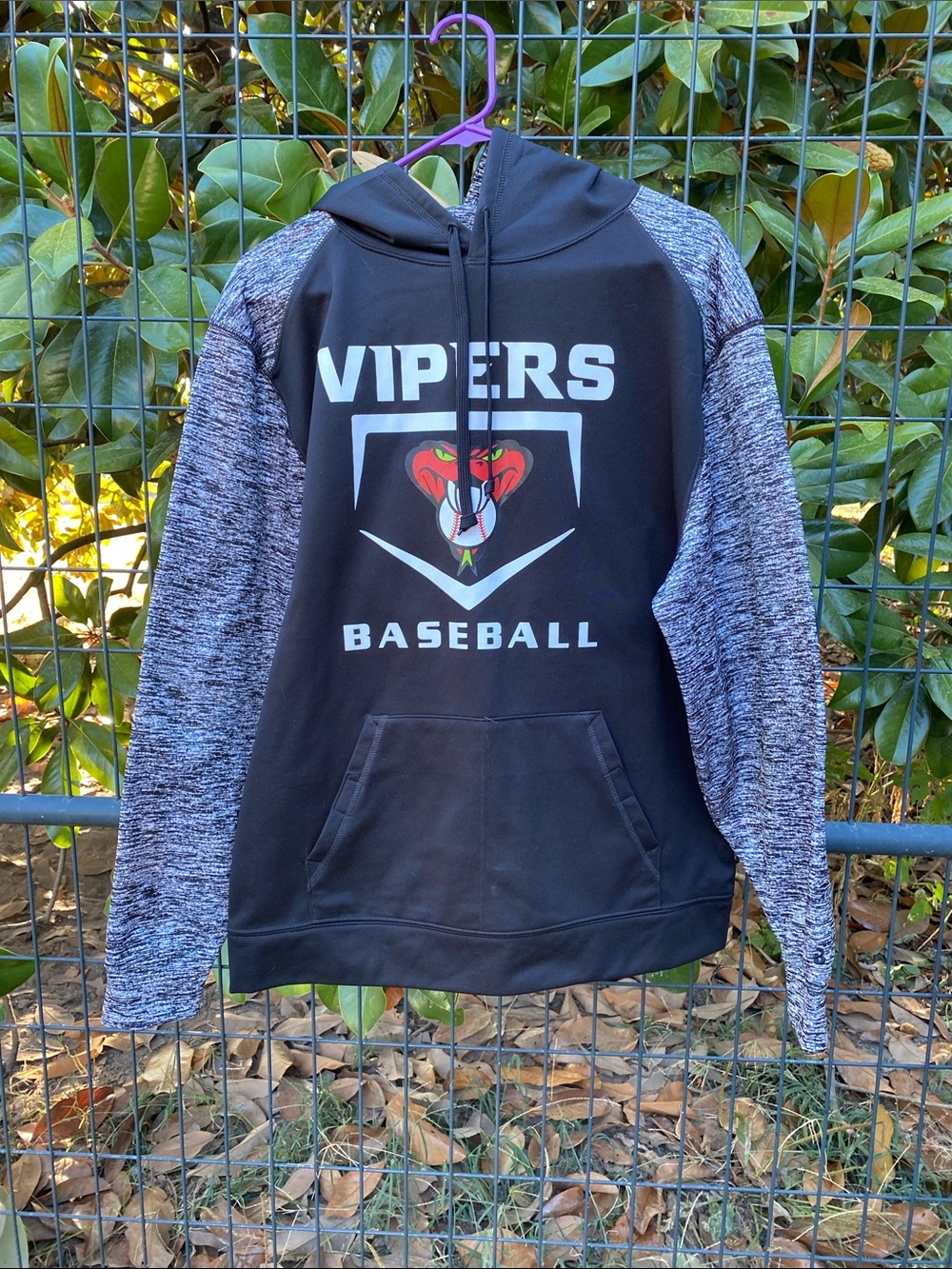 Vipers Baseball #27 Mason Wood Blk Hoodie Heather Grey Space-Dye Sleeves Sz Med